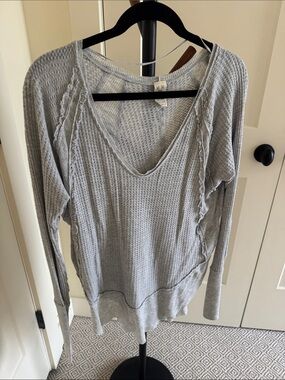 Free People We The Free Gray Waffle Thermal Oversized Deep V Top